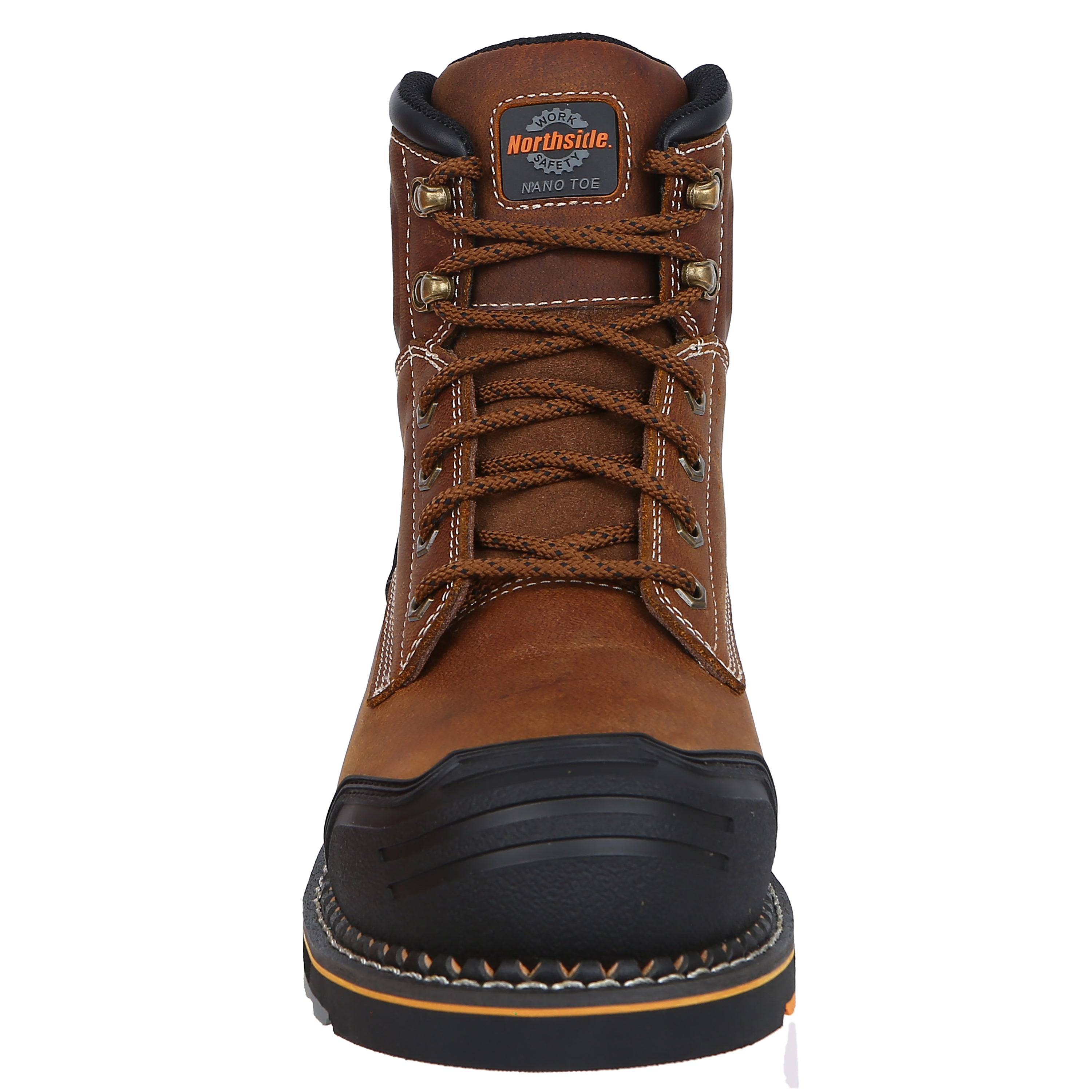 Men's Akron Mid Nano Toe Work Boot – medium brown front view featuring the PVC toe protection