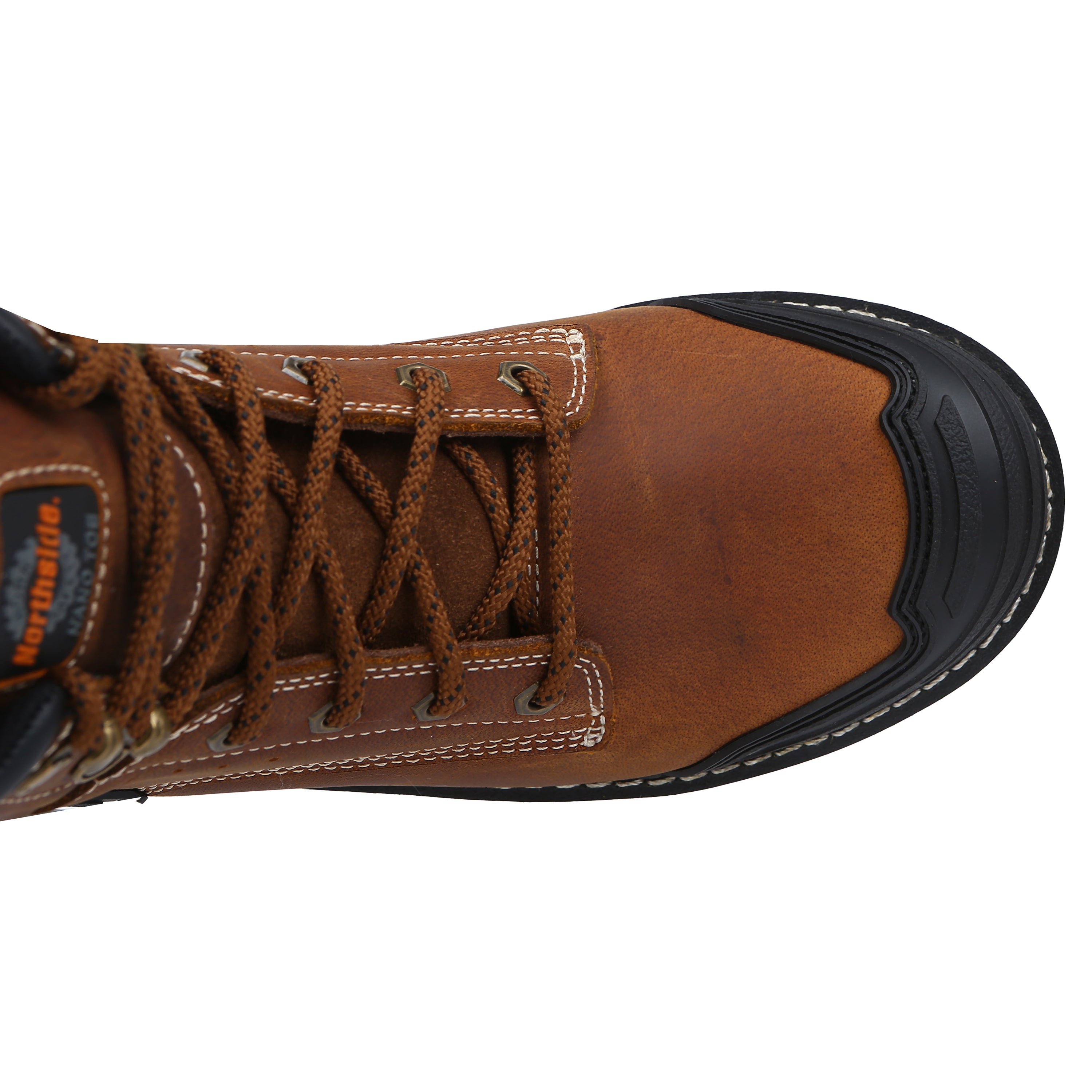 Men's Akron Mid Nano Toe Work Boot – medium brown top view featuring the Nano safety toe