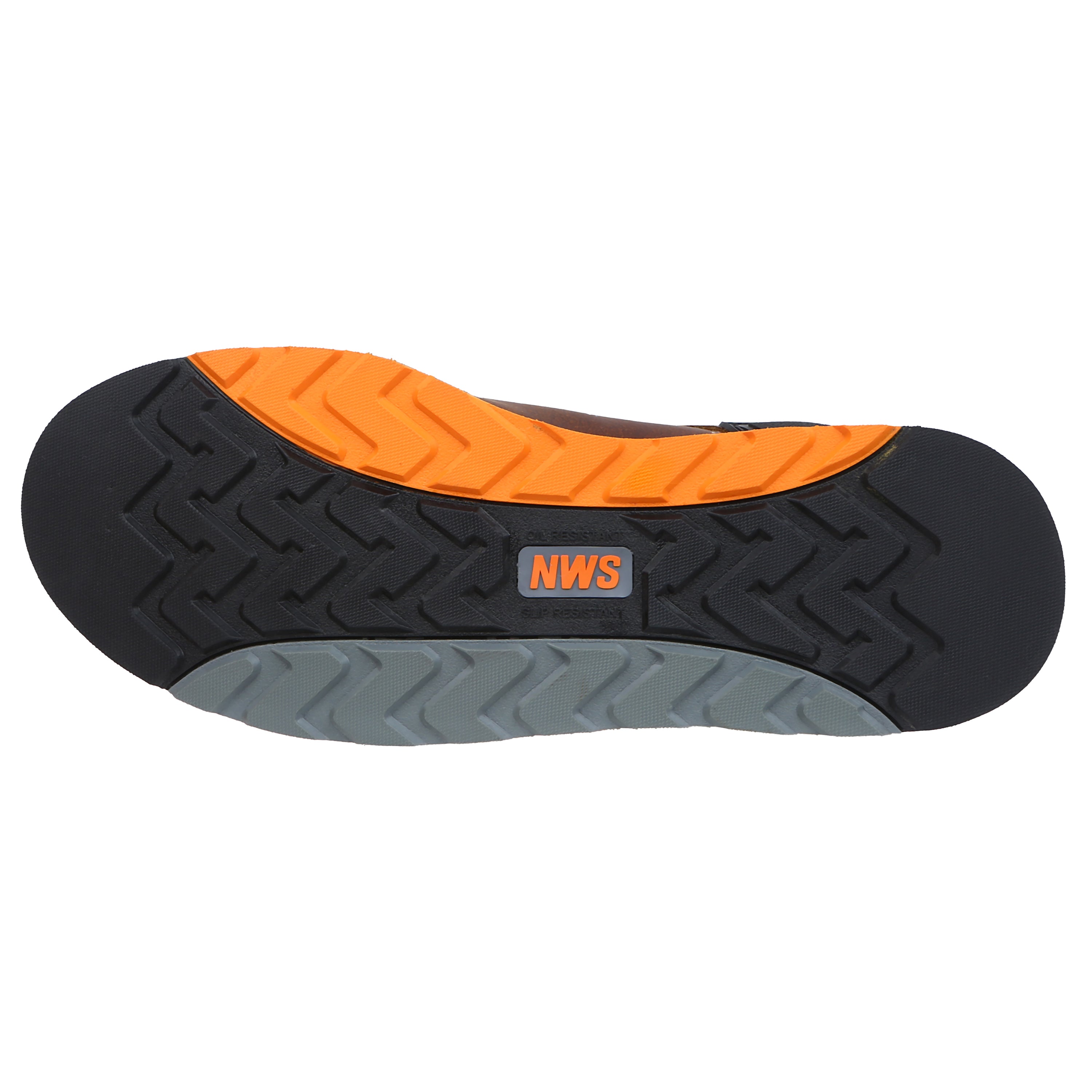 Men's Akron Mid Nano Toe Work Boot – bottom view featuring the oil and slip resistant rubber outsole