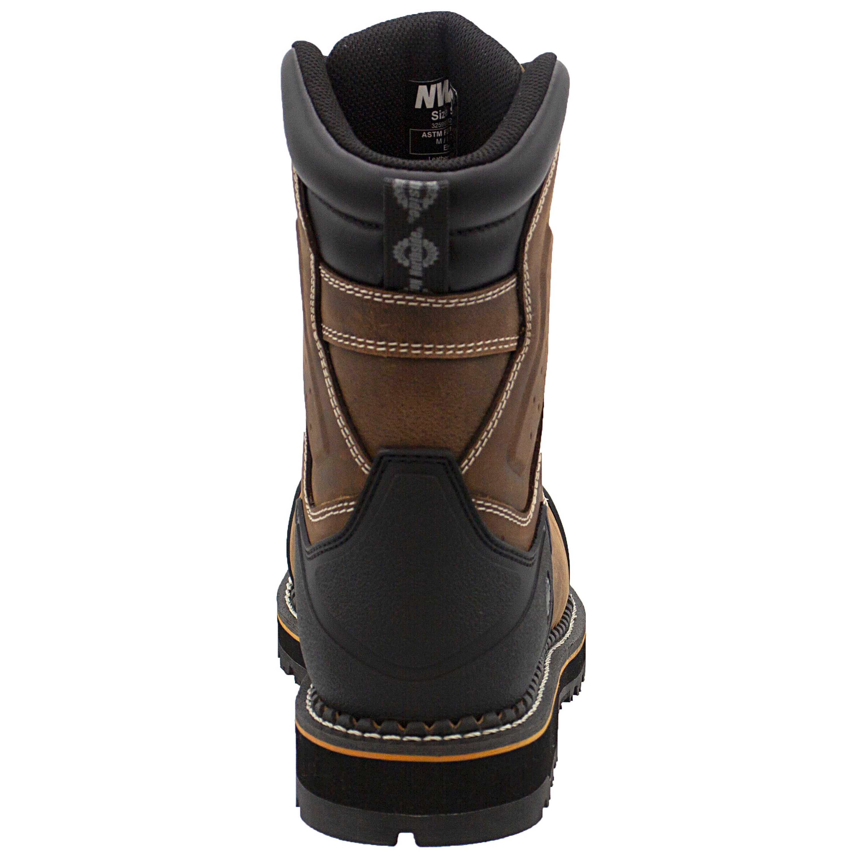 Men’s Reno 8" Nano Toe Waterproof Work Boot – dark brown back view showing 90° logger-style heel