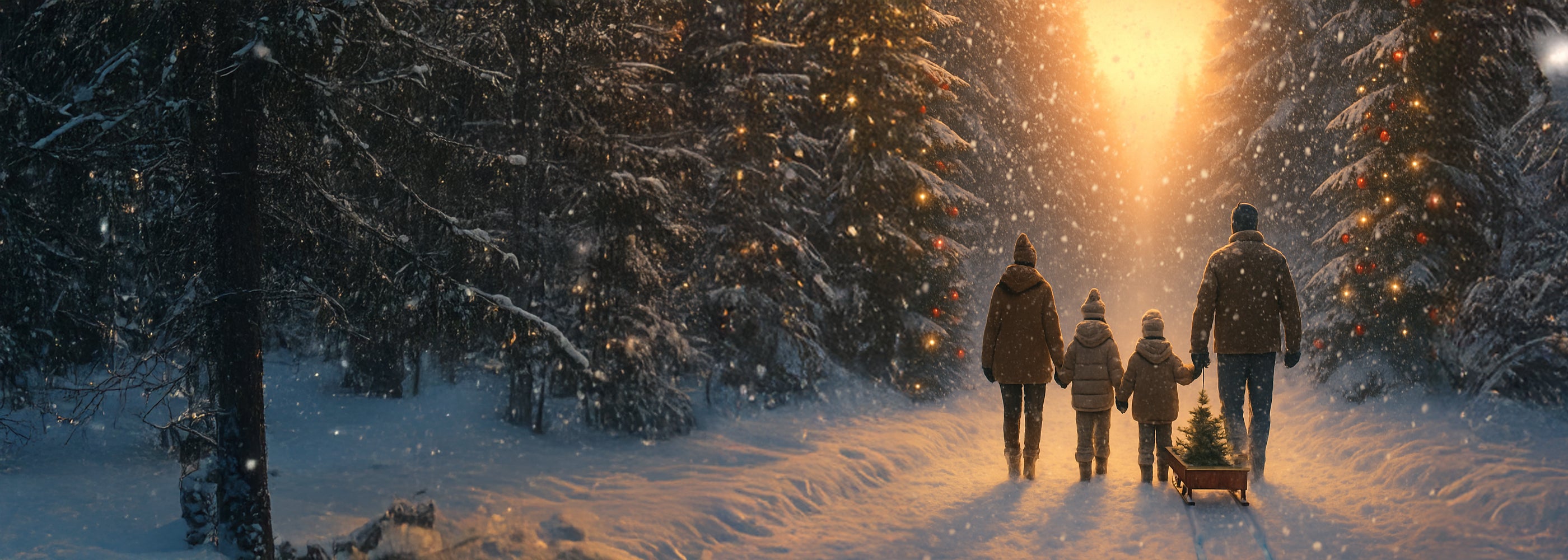 Family walking through a snowy forest at sunset