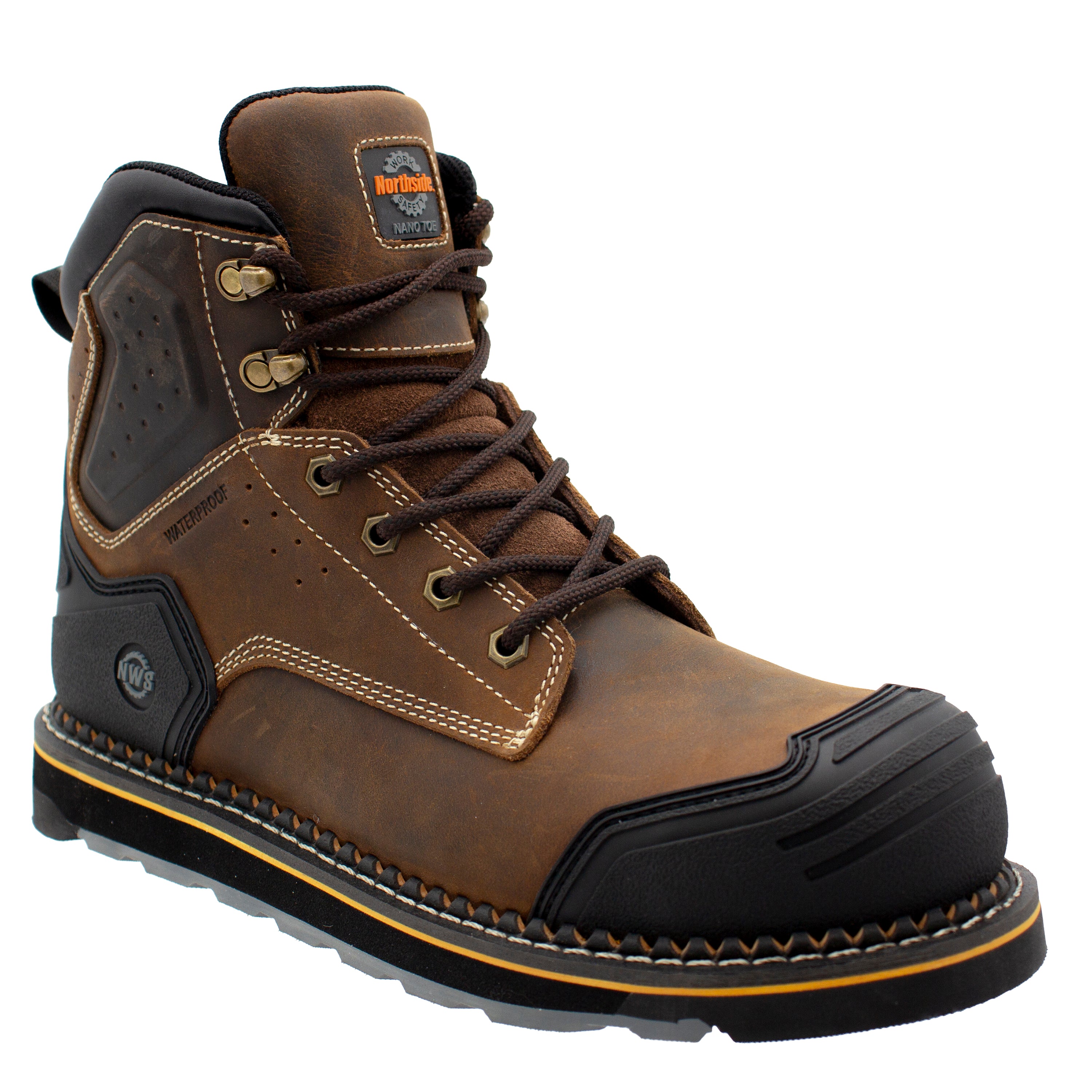 Men's Akron 6" Nano Toe Waterproof Work Boot with a Goodyear welt construction - Dark Brown three-quarter angle view
