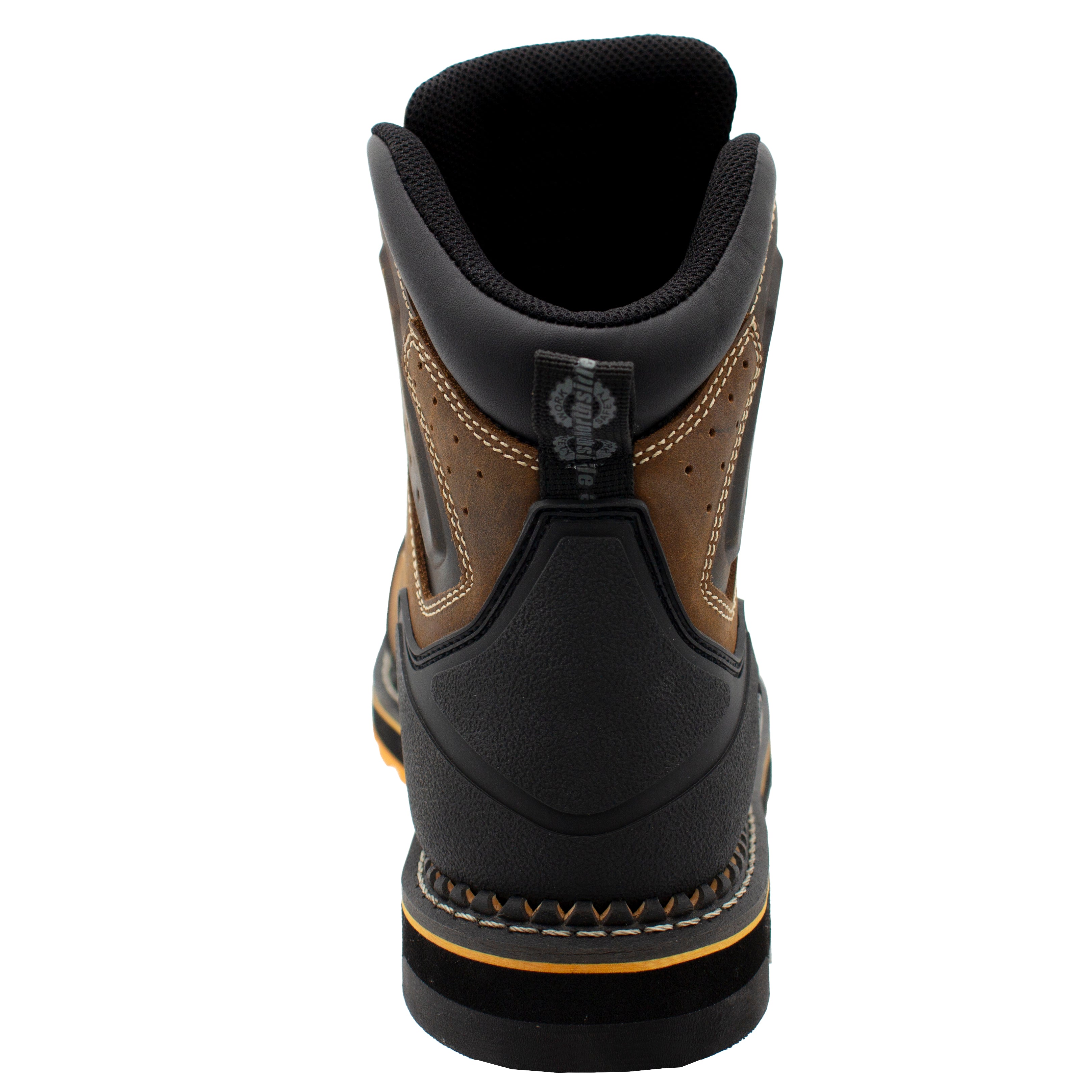 Men's Akron 6" Nano Toe Waterproof Work Boot – Dark Brown back view with high abrasion molded PVC heel protection
