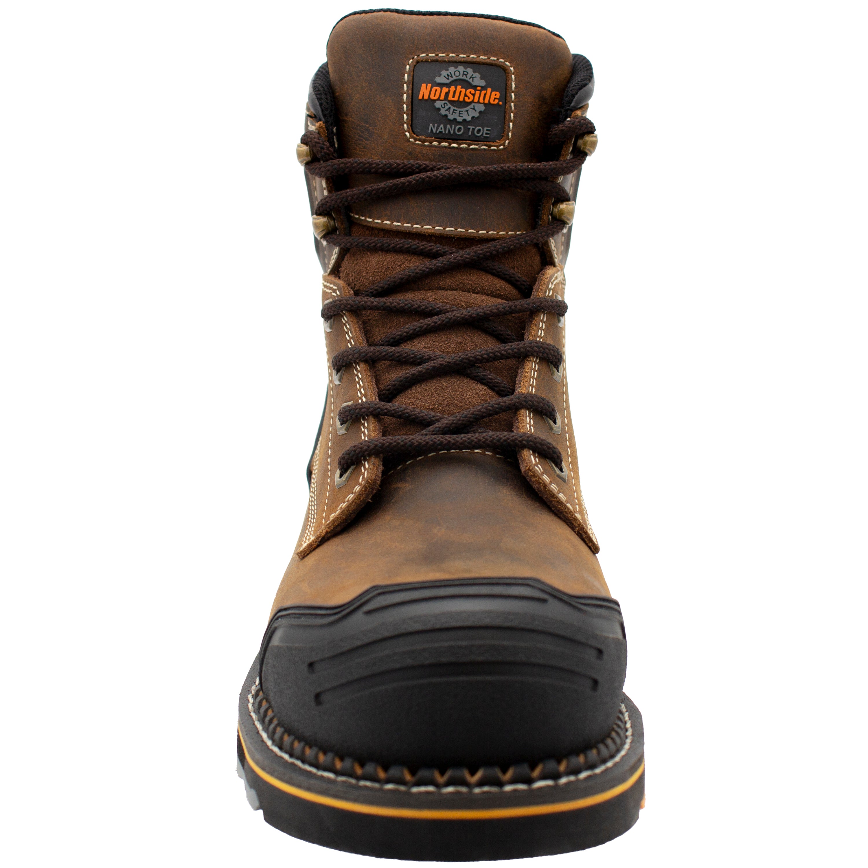 Men's Akron 6" Nano Toe Waterproof Work Boot – Dark Brown front view showing high abrasion moulded PVC toe protection