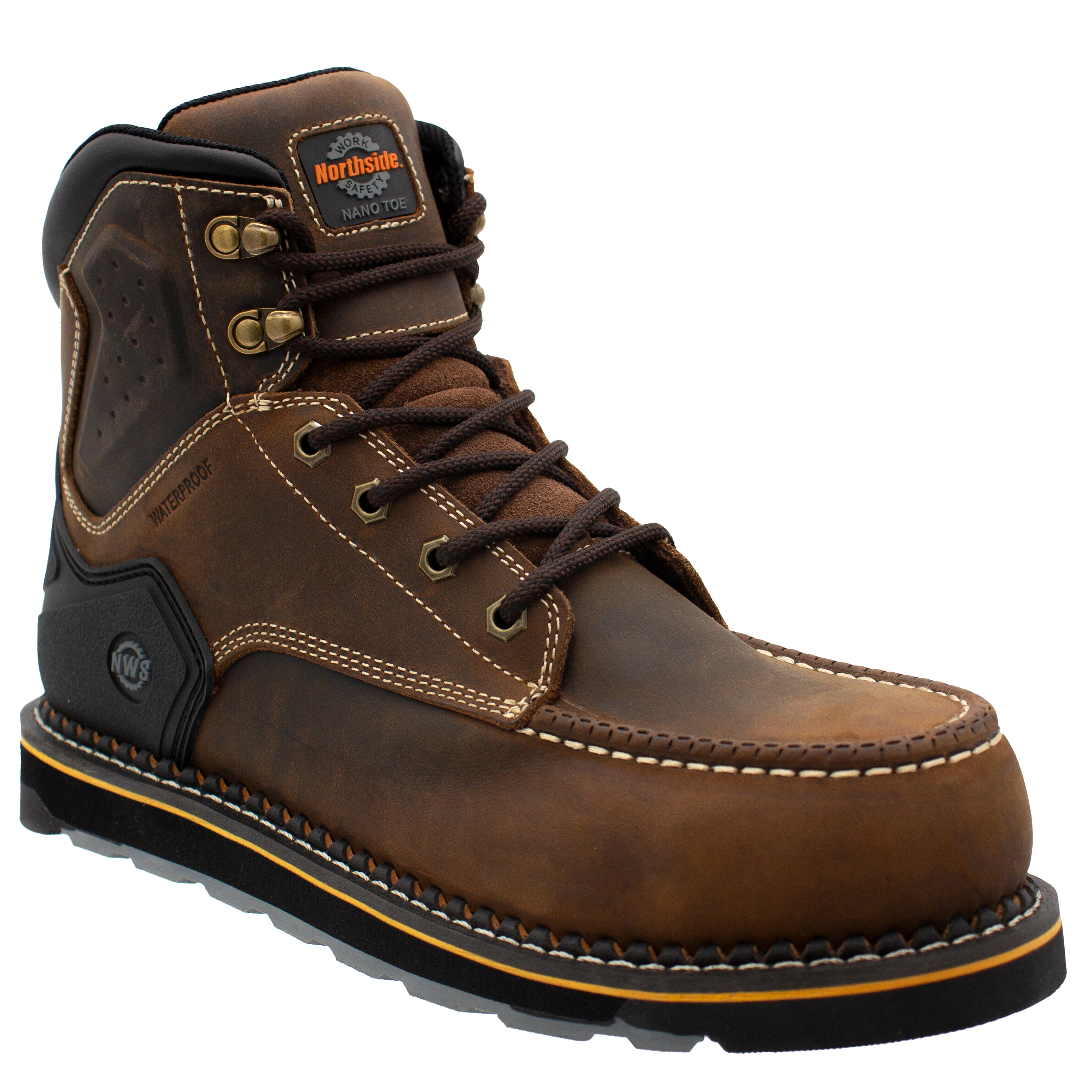 Men's Roanoke 6" Nano Toe Waterproof Work Boot – dark brown three-quarter angle view