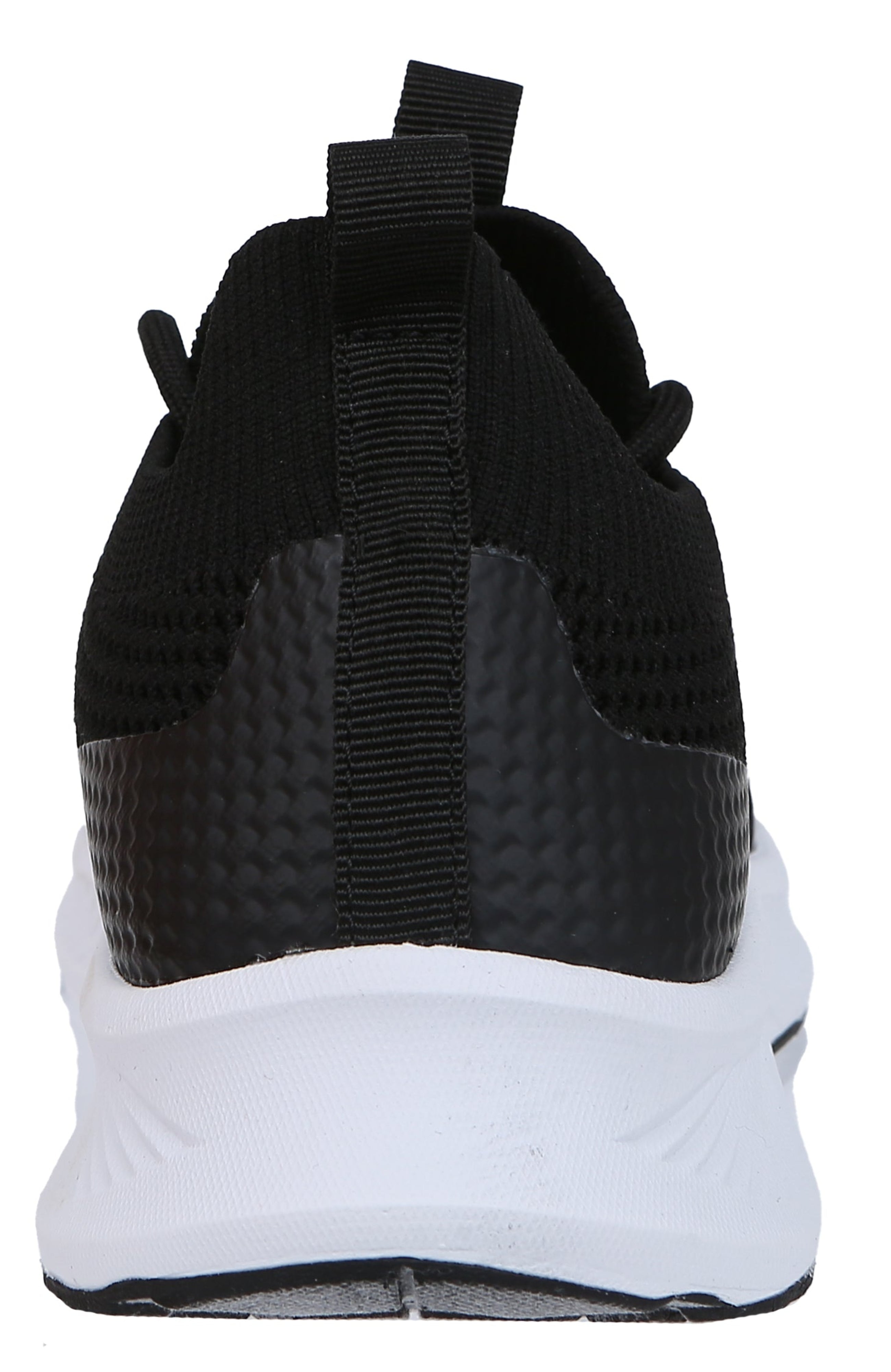Black and white athletic shoe with a textured sole on a white background