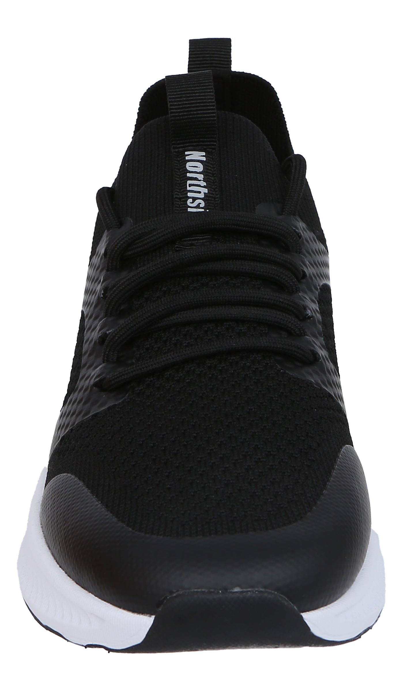 Black athletic shoe with white sole on a white background