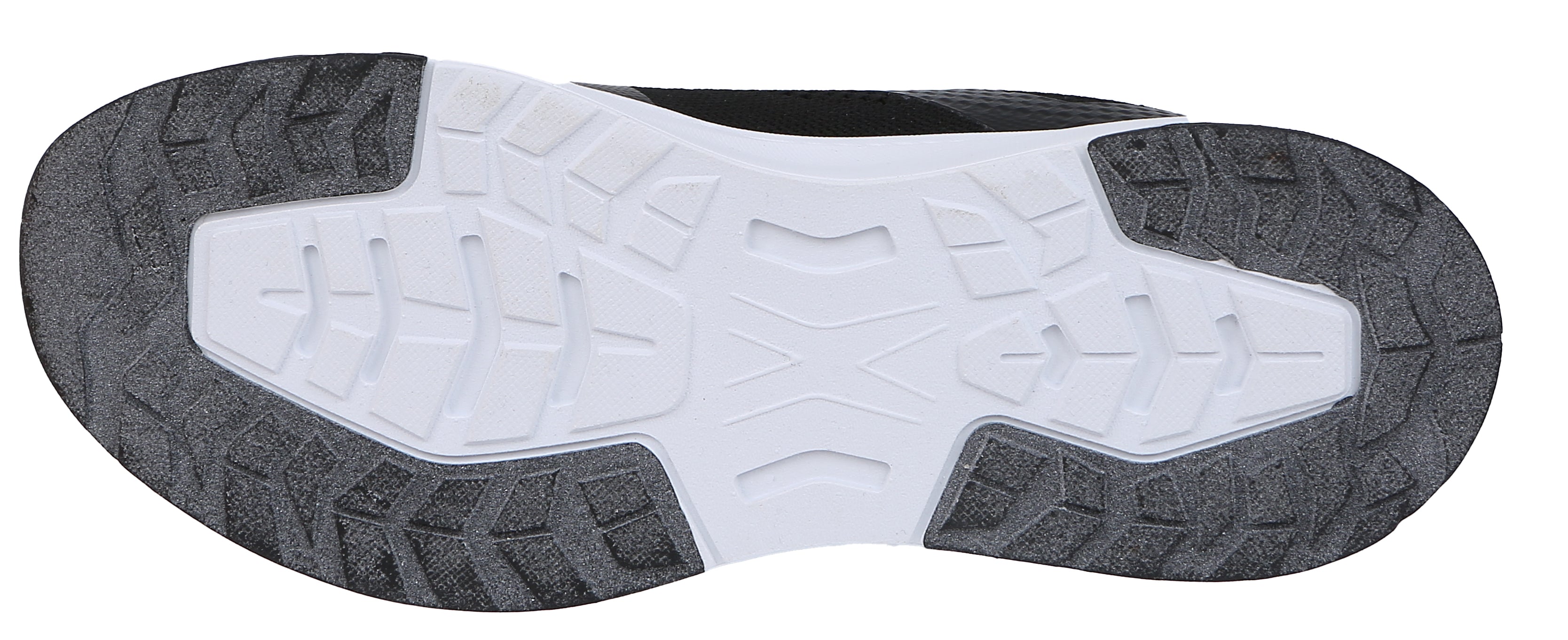 Close-up of a shoe sole with white center and gray sides on a white background